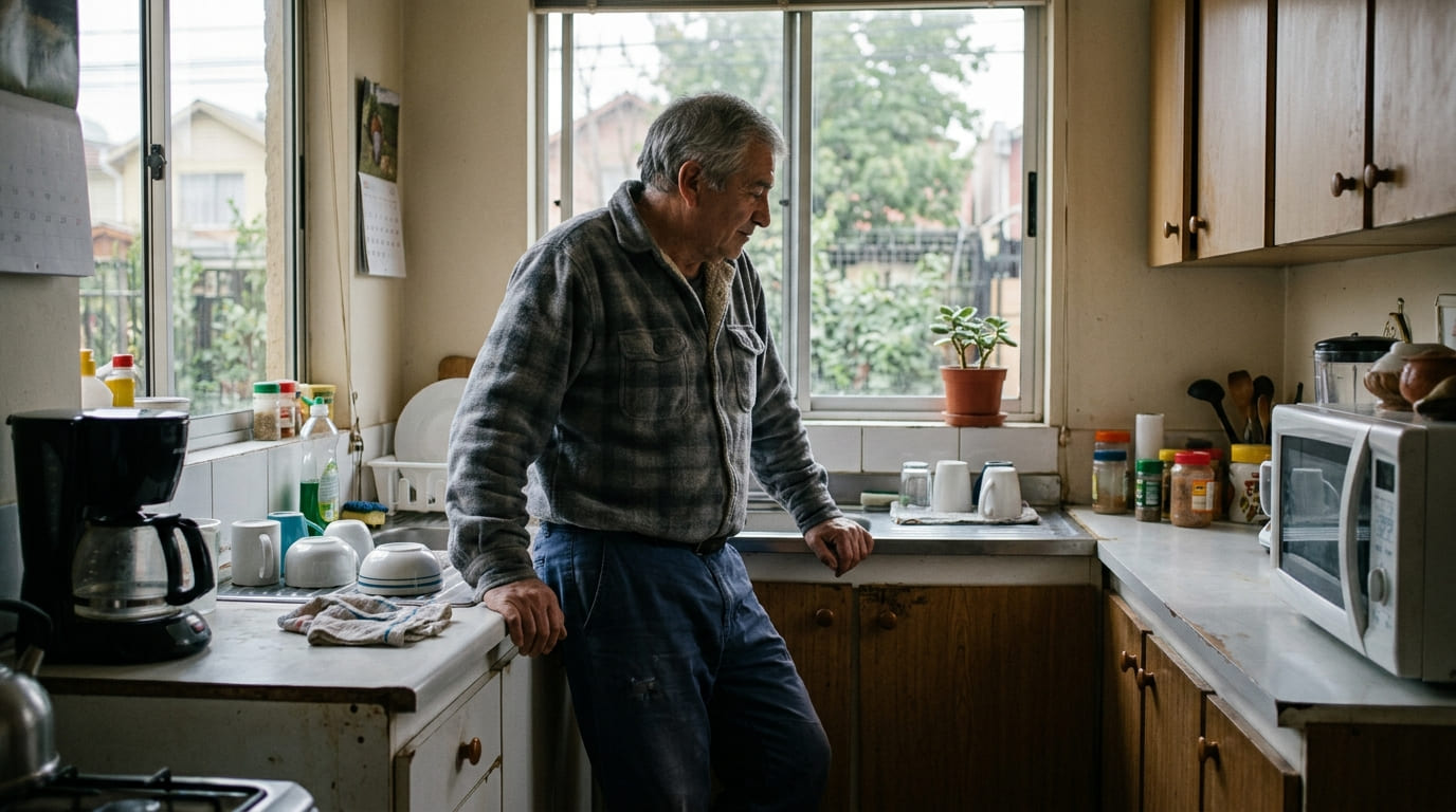 Hombre mayor de pie junto a la ventana de una cocina, con gesto pensativo