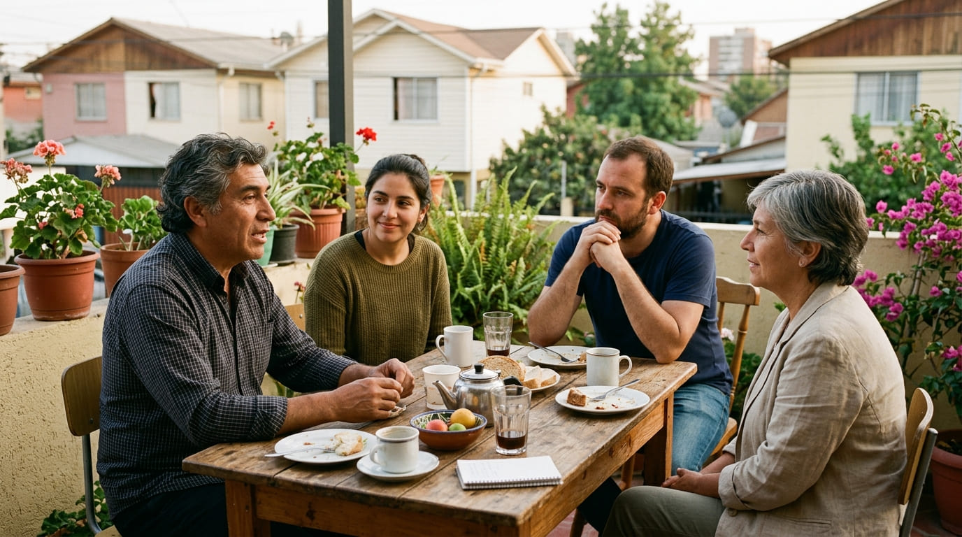 Cuatro personas conversan alrededor de una mesa de madera en una terraza con flores, con tazas de café y pan