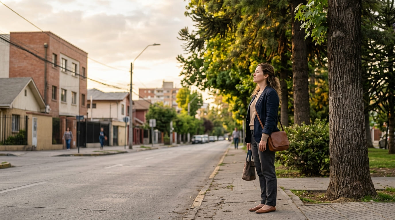 Mujer con bolso y bolsa en la mano, de pie en la acera de una calle arbolada de barrio al atardecer
