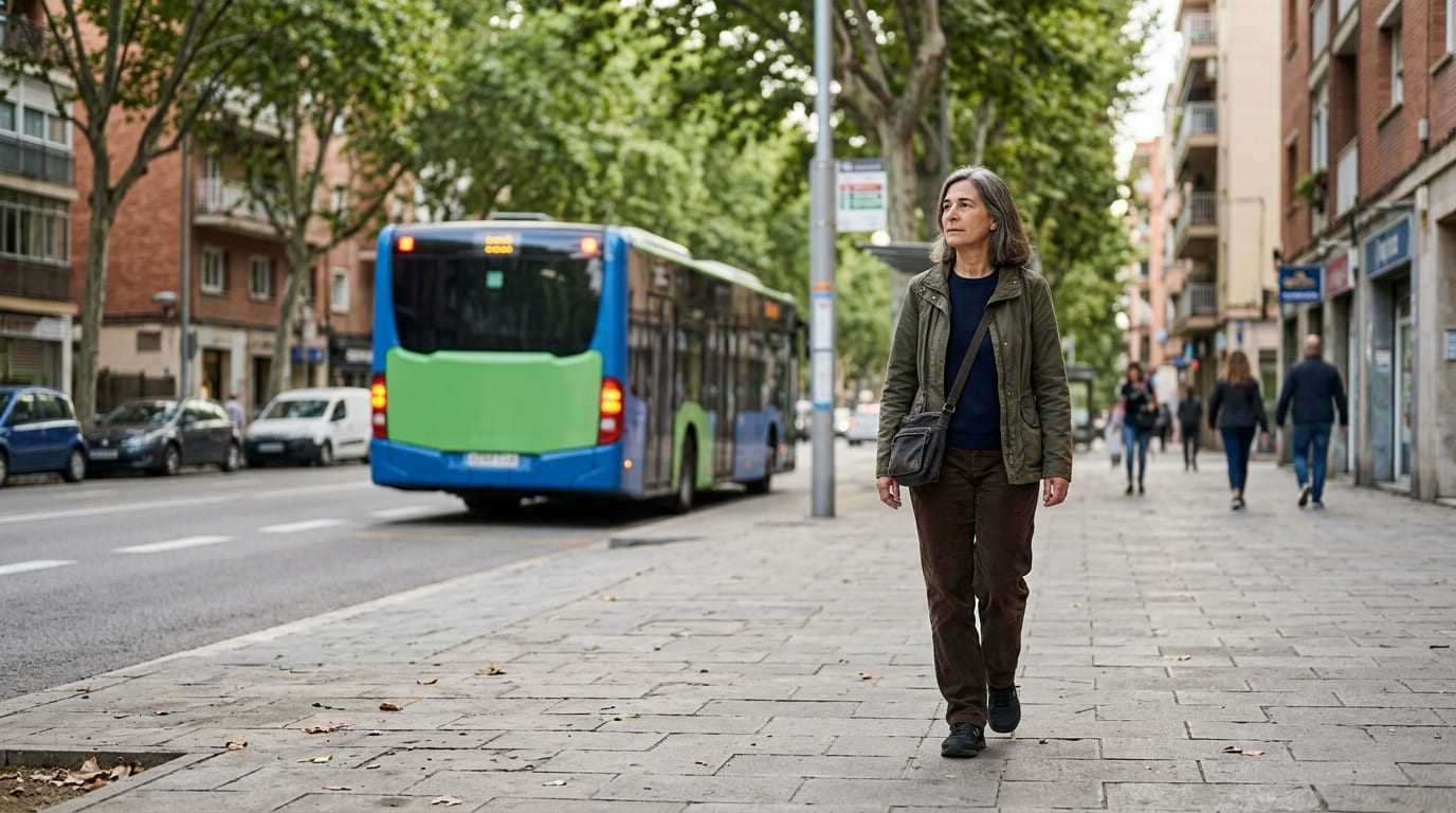 Mujer camina por una acera arbolada de la ciudad mientras un autobús pasa por la calle