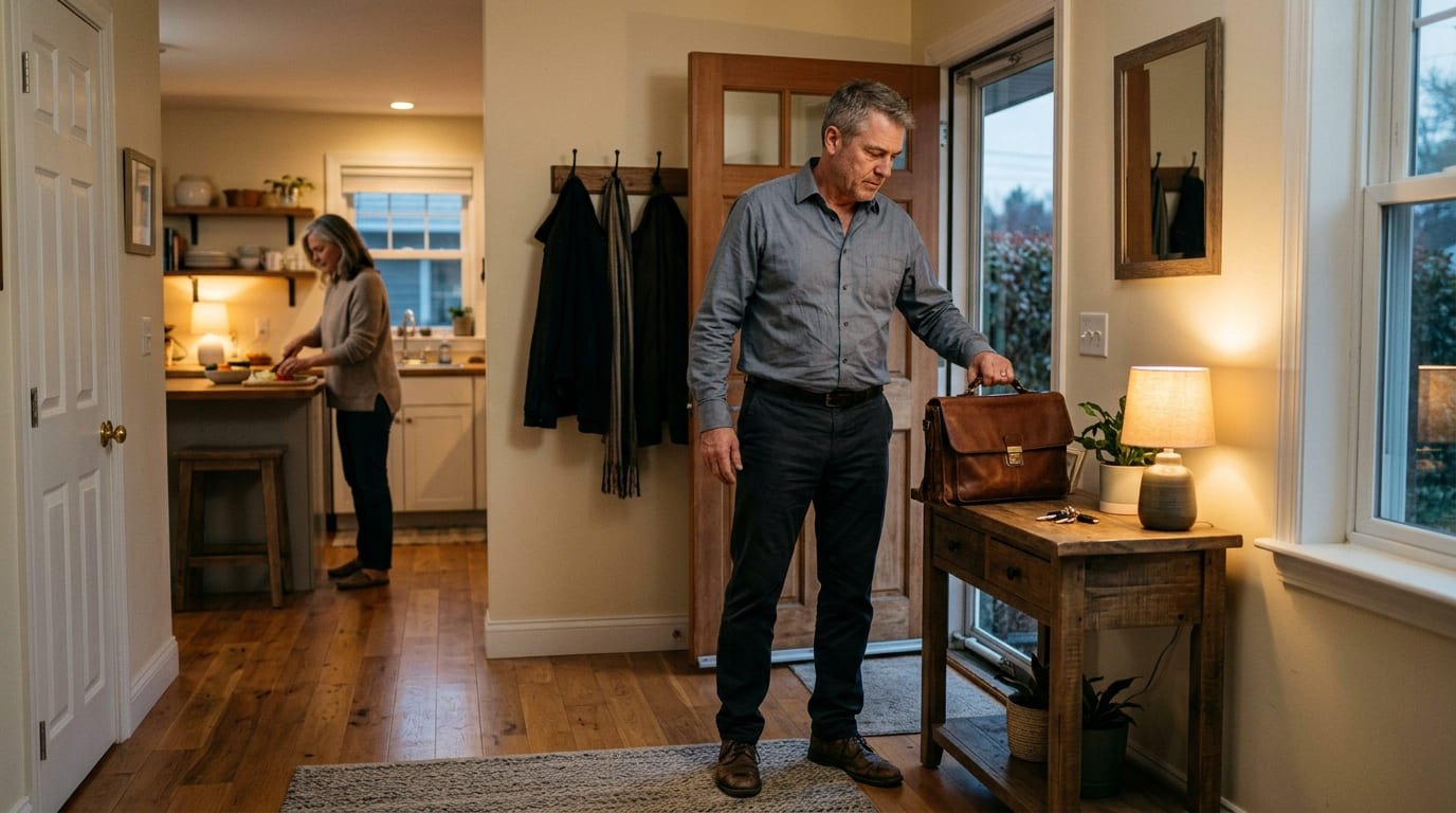 Hombre con maletín junto a la puerta de entrada de una casa, mientras al fondo una mujer prepara la cena en la cocina