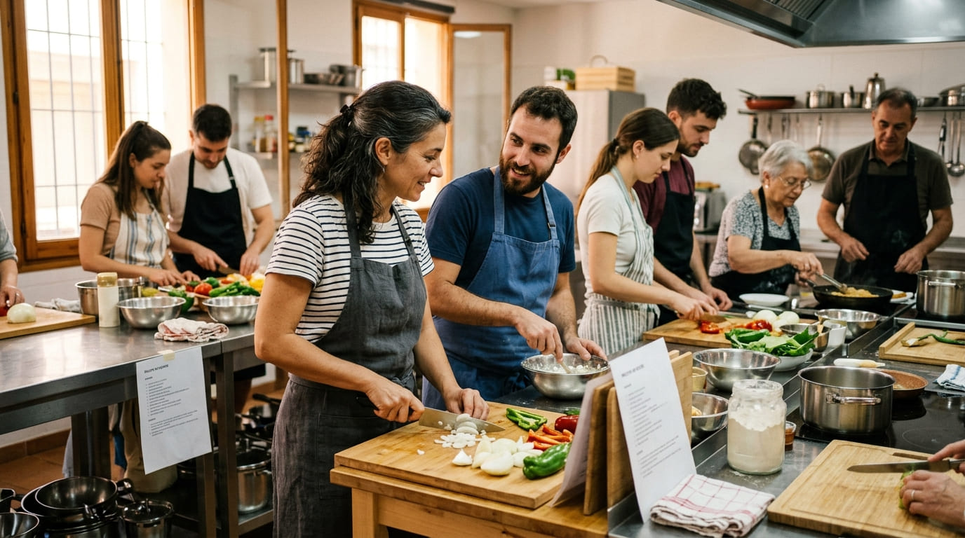 Grupo de personas cocinando juntas en una cocina comunitaria, cortando verduras sobre tablas de madera