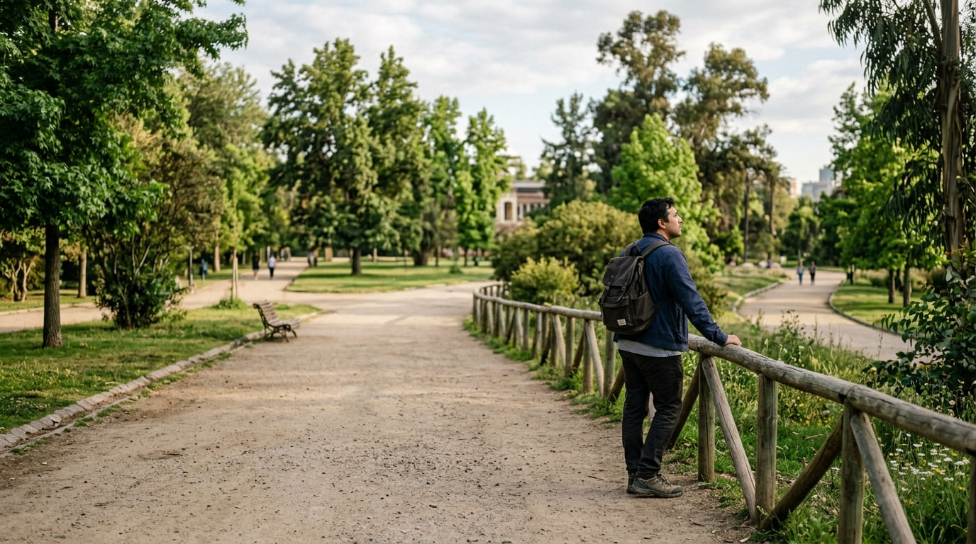 Hombre con mochila apoyado en una valla de madera junto a un camino de tierra en un parque, mirando a lo lejos