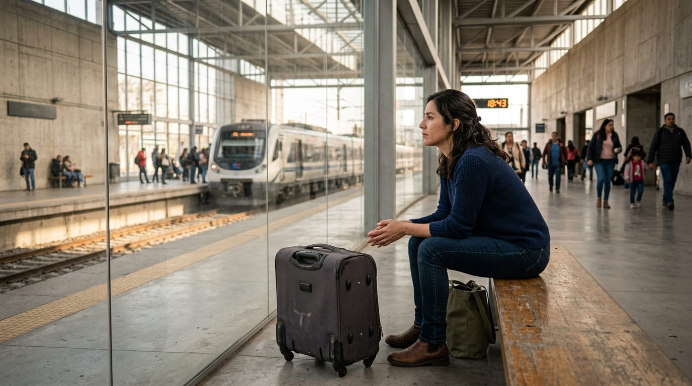 Mujer sentada en un banco de una estación de tren, con una maleta a su lado, mira hacia las vías