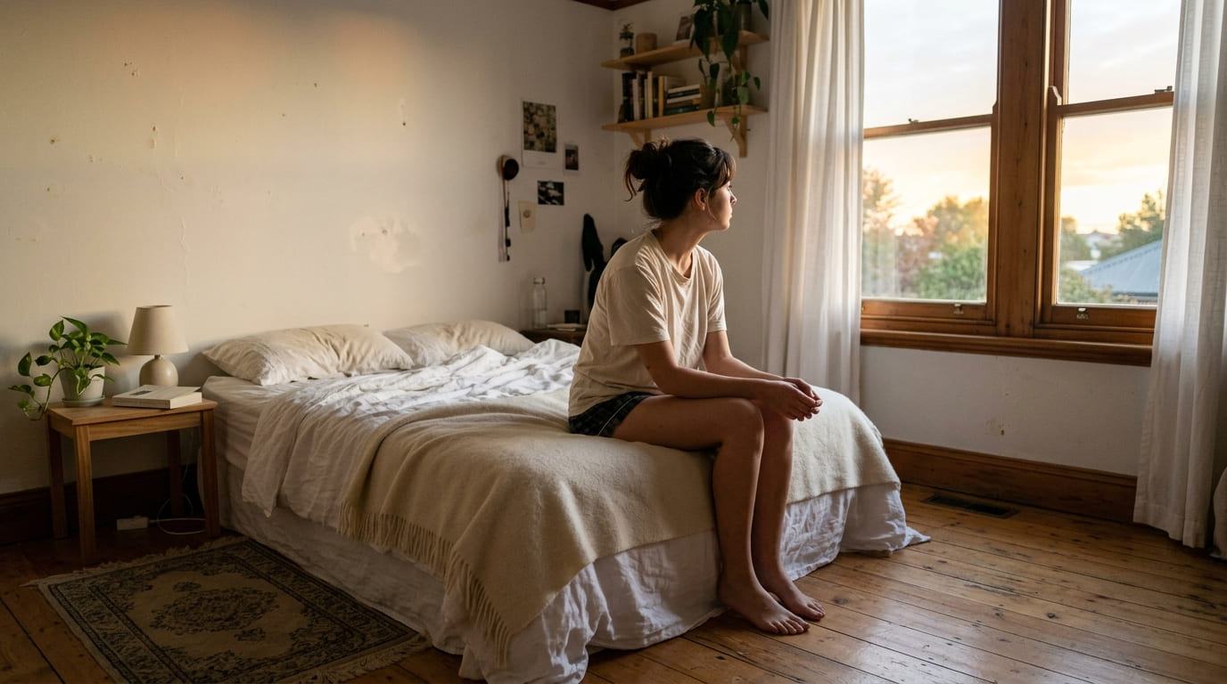 Mujer sentada en el borde de su cama, junto a una ventana al atardecer, con la mirada perdida