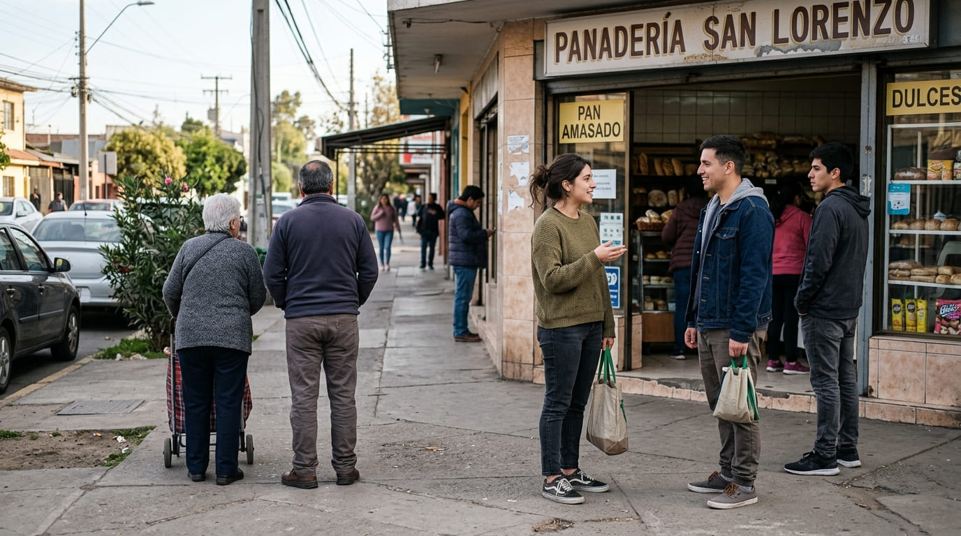 Varias personas conversan en la acera frente a una panadería de barrio, algunas con bolsas de compra