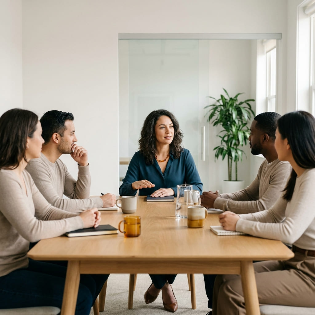 Una mujer conversa con otras cuatro personas sentadas alrededor de una mesa de madera, en una sala luminosa.