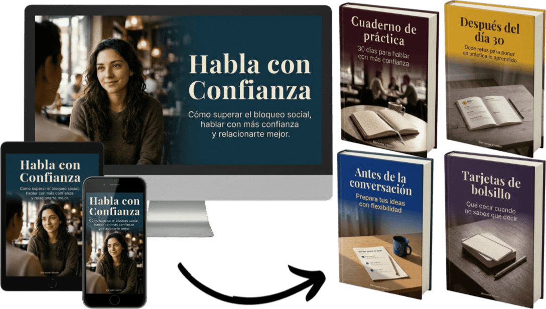 Mockup del ebook Habla con Confianza en computador, tablet y móvil, con una flecha hacia los cuatro bonos.