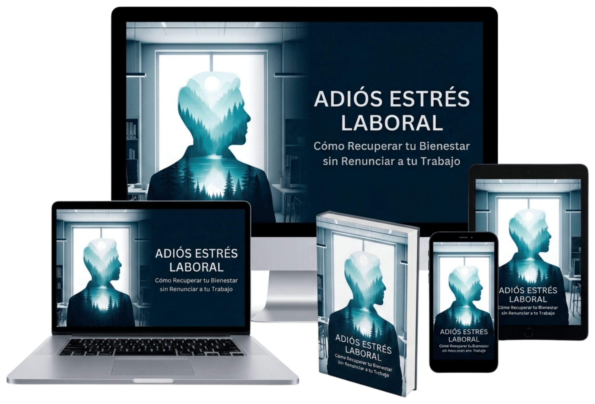 Ebook Adiós Estrés Laboral mostrado en computadora, laptop, tablet, celular y versión impresa