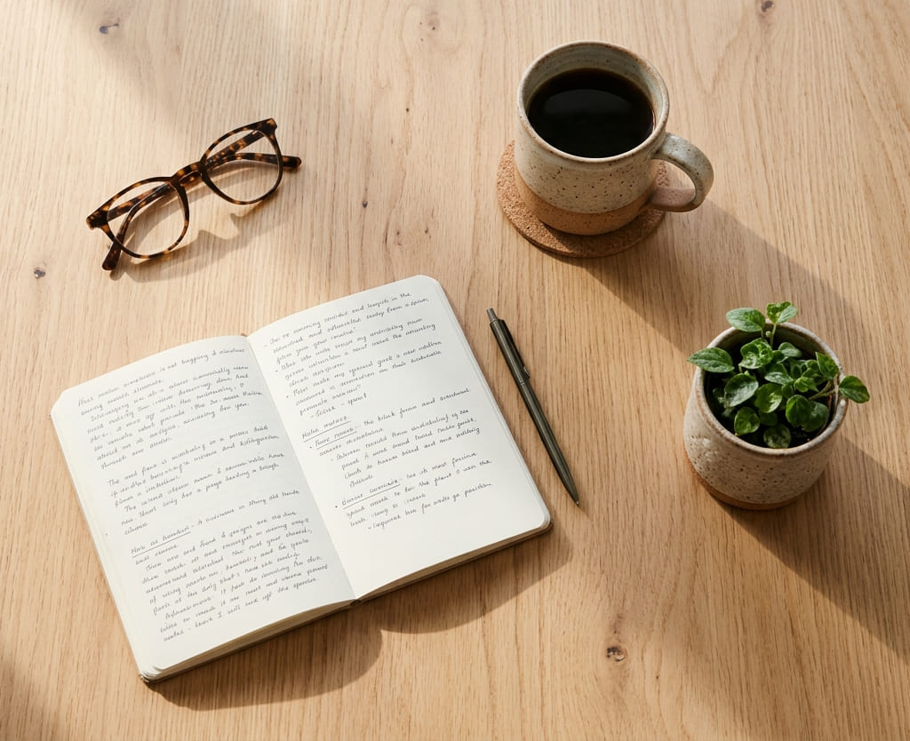 Cuaderno abierto con notas, unos lentes, una taza de café y una planta pequeña sobre una mesa de madera clara.